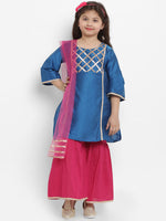 Thumbnail for Girls Blue Angrakha Gotta Patti Dupion Silk Kurta with Palazzos & With Dupatta for Kids - Bhama - Distacart