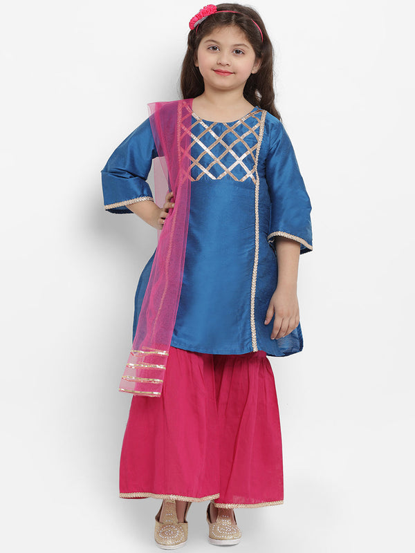 Girls Blue Angrakha Gotta Patti Dupion Silk Kurta with Palazzos & With Dupatta for Kids - Bhama - Distacart