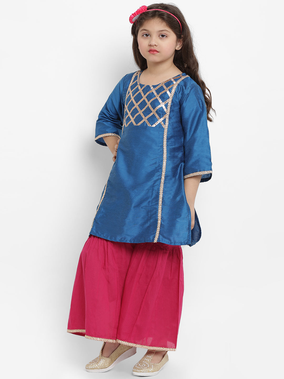 Girls Blue Angrakha Gotta Patti Dupion Silk Kurta with Palazzos & With Dupatta for Kids - Bhama - Distacart