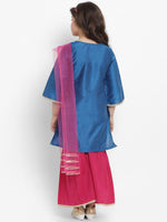 Thumbnail for Girls Blue Angrakha Gotta Patti Dupion Silk Kurta with Palazzos & With Dupatta for Kids - Bhama - Distacart
