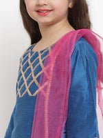 Thumbnail for Girls Blue Angrakha Gotta Patti Dupion Silk Kurta with Palazzos & With Dupatta for Kids - Bhama - Distacart