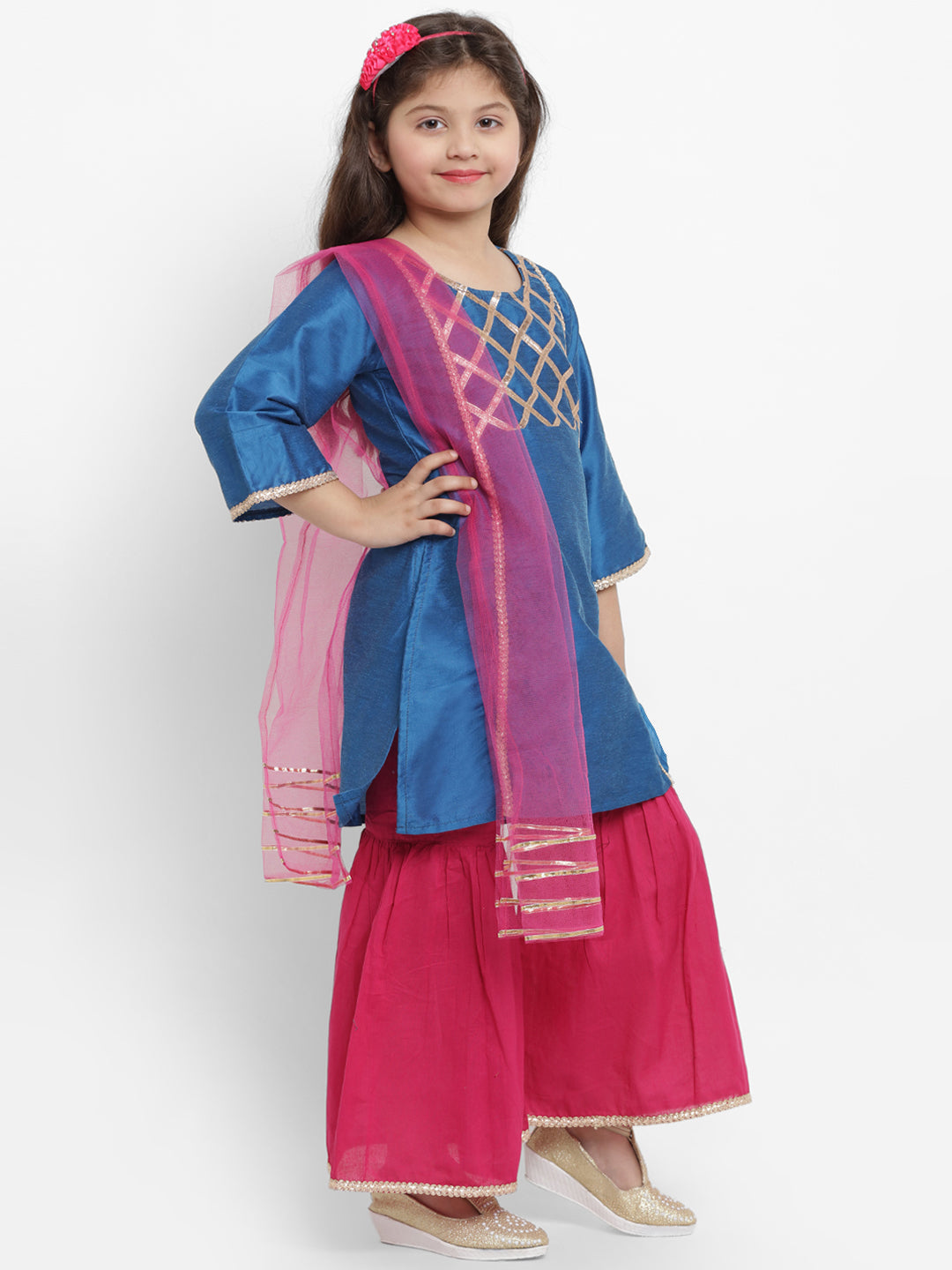 Girls Blue Angrakha Gotta Patti Dupion Silk Kurta with Palazzos & With Dupatta for Kids - Bhama - Distacart