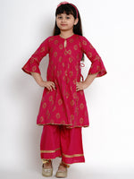 Thumbnail for Girls Fuchsia Embroidered Kurti With Palazzos for Kids - Bhama - Distacart