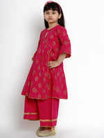 Thumbnail for Girls Fuchsia Embroidered Kurti With Palazzos for Kids - Bhama - Distacart