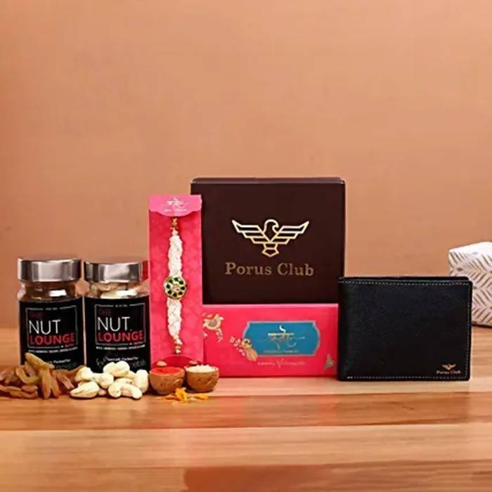 Traditional Kundan Rakhi With Wallet And Dry Fruits