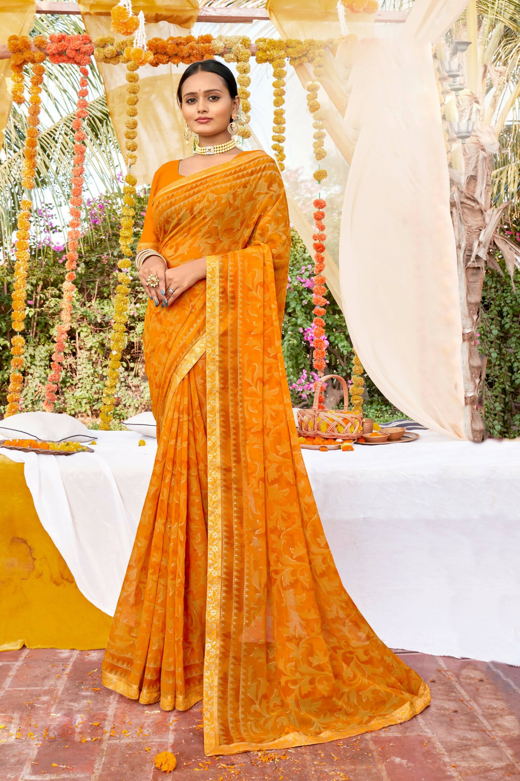 Mustard Georgette Foil Printed Saree with Unstitched Blouse piece - Avika - Distacart