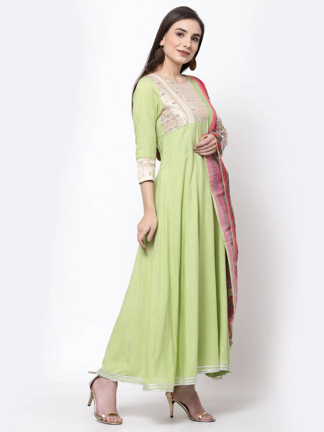 Myshka Women's Green Rayon Printed 3/4 Sleeve Round Neck Casual Anarkali Dupatta Set