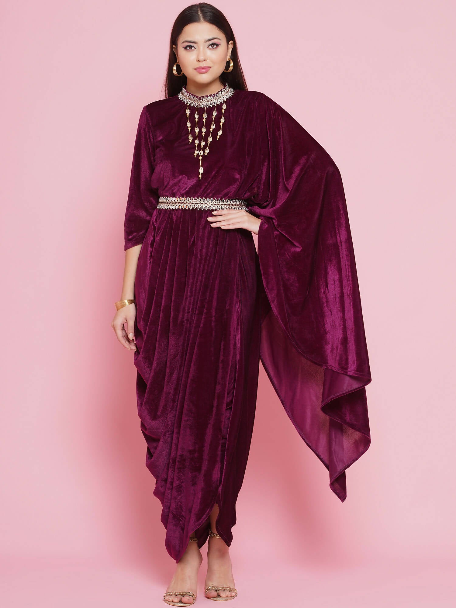 Women Republic Burgundy Velvet Kurta With Attached Neckalace,Belt And Pant - Distacart