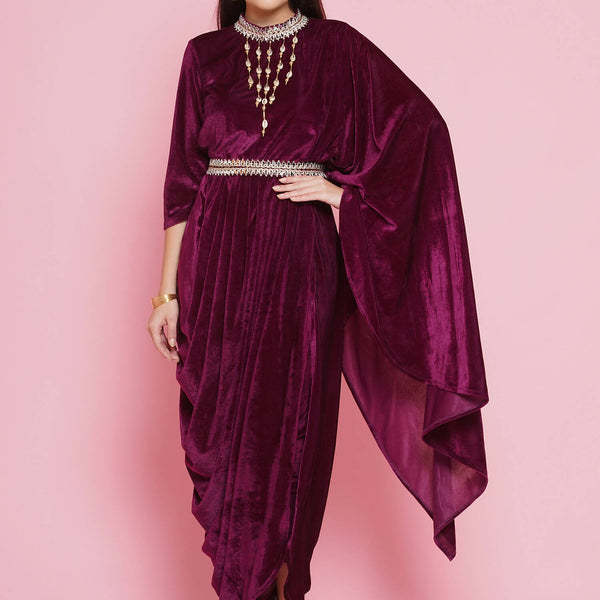 Women Republic Burgundy Velvet Kurta With Attached Neckalace,Belt And Pant - Distacart