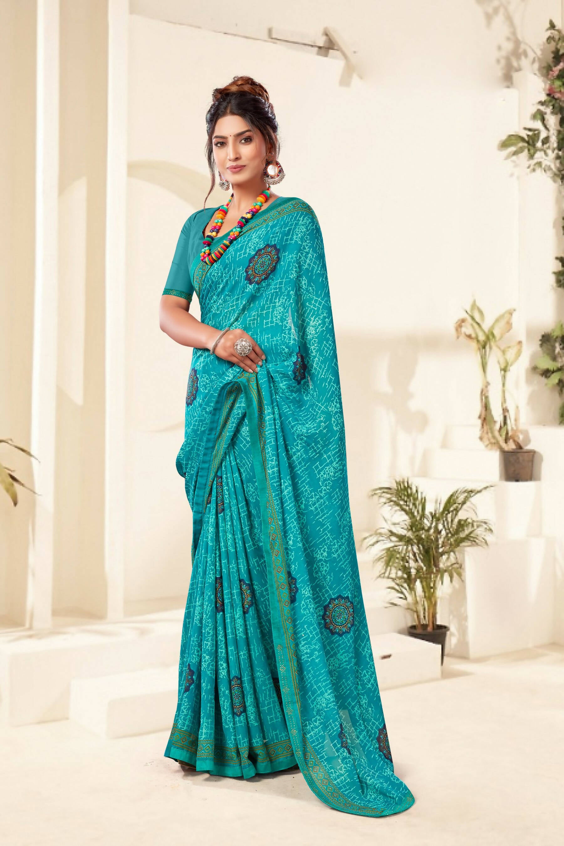 Sky Blue Georgette Texture Printed Saree with Unstitched Blouse Piece - Akansha - Distacart