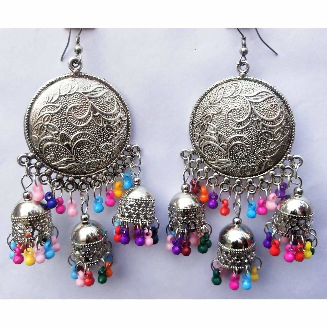 Muskan Fancy Glass Pearl Silver Tone Chandbali Jhumka Round Earrings