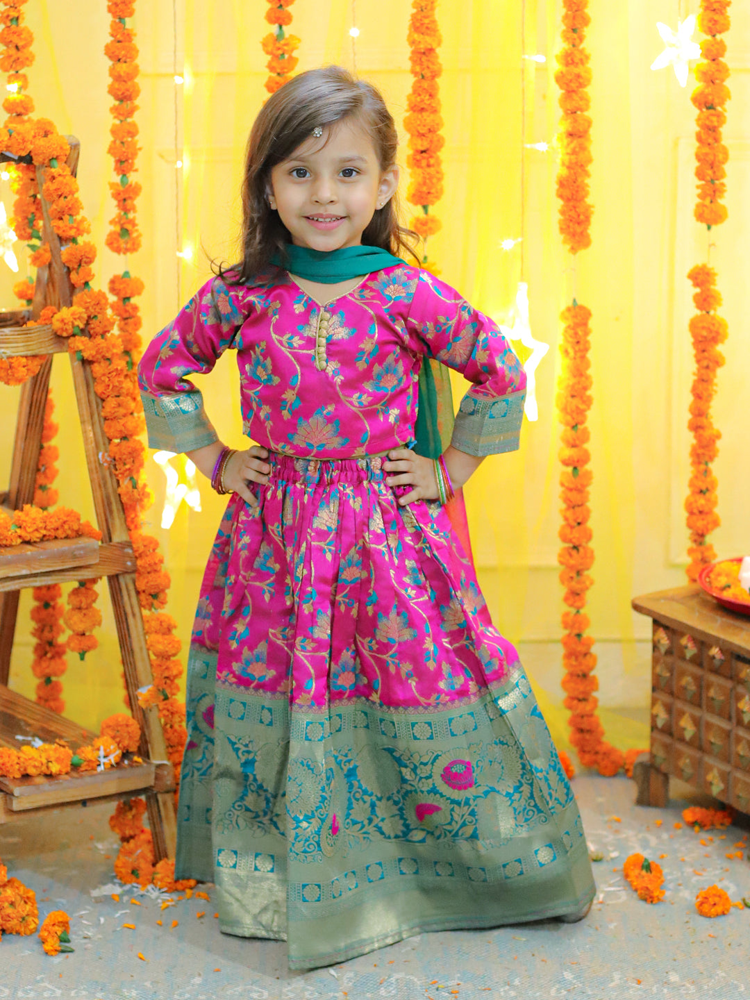 NOZ2TOZ Kids Girls Ethic Traditional Indian Festive Jacquard Choli Lehenga Choli with Dupatta - Pink - Distacart