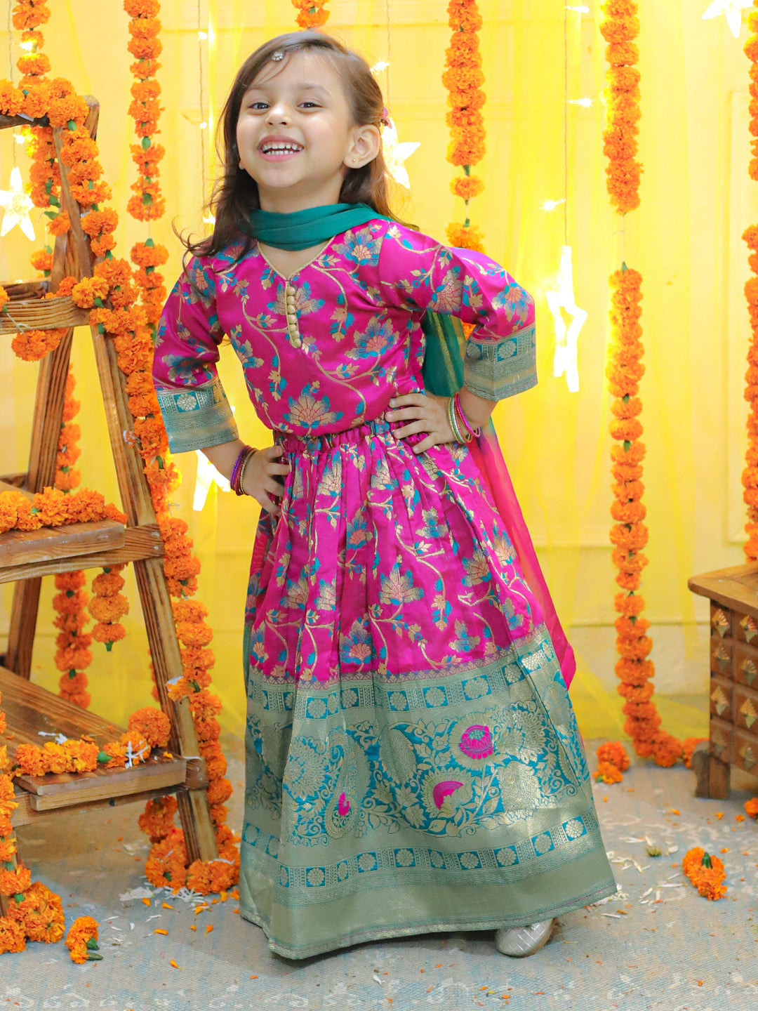 NOZ2TOZ Kids Girls Ethic Traditional Indian Festive Jacquard Choli Lehenga Choli with Dupatta - Pink - Distacart