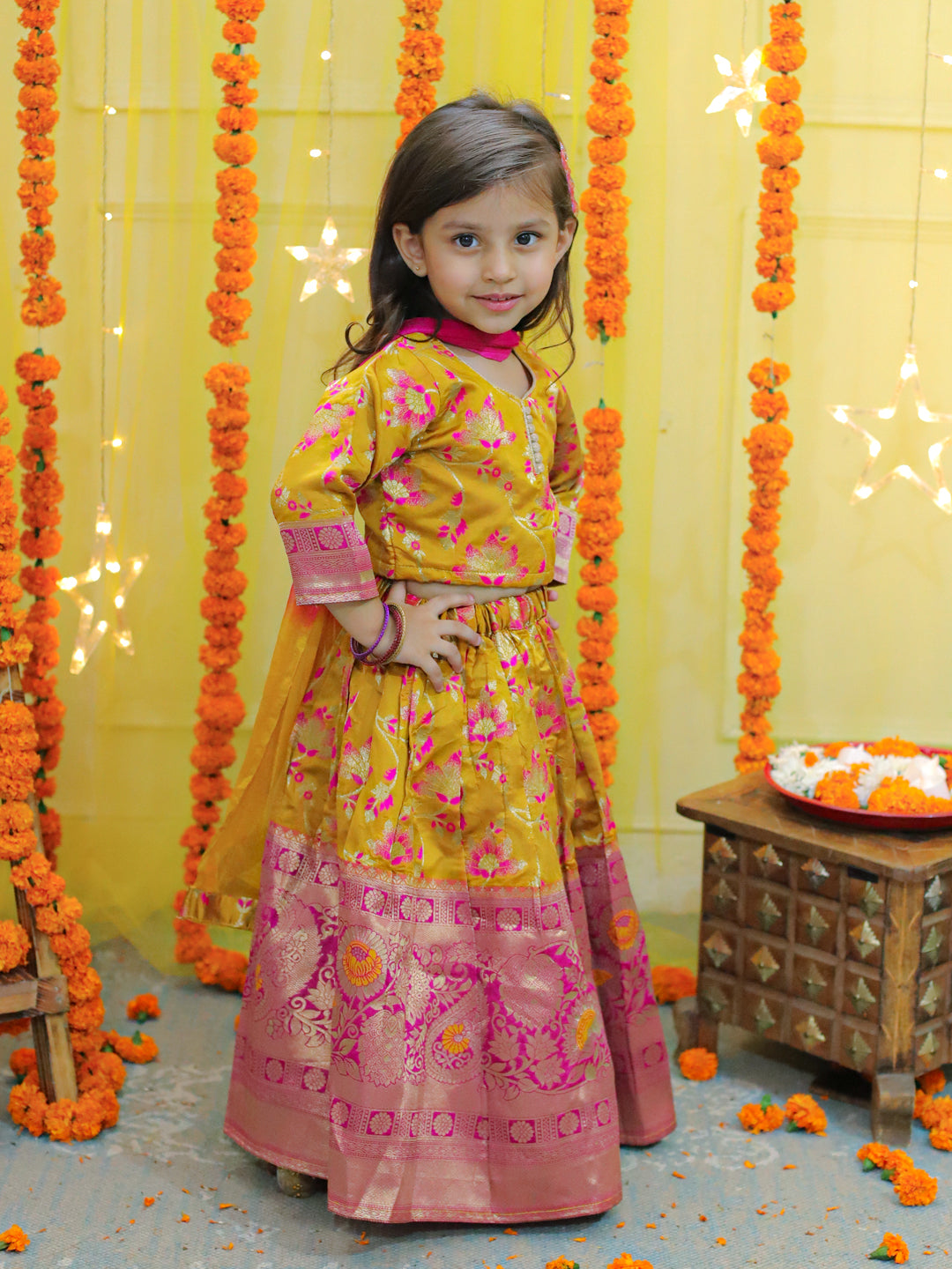 NOZ2TOZ Kids Girls Ethic Traditional Indian Festive Jacquard Choli Lehenga Choli with Dupatta - Yellow - Distacart