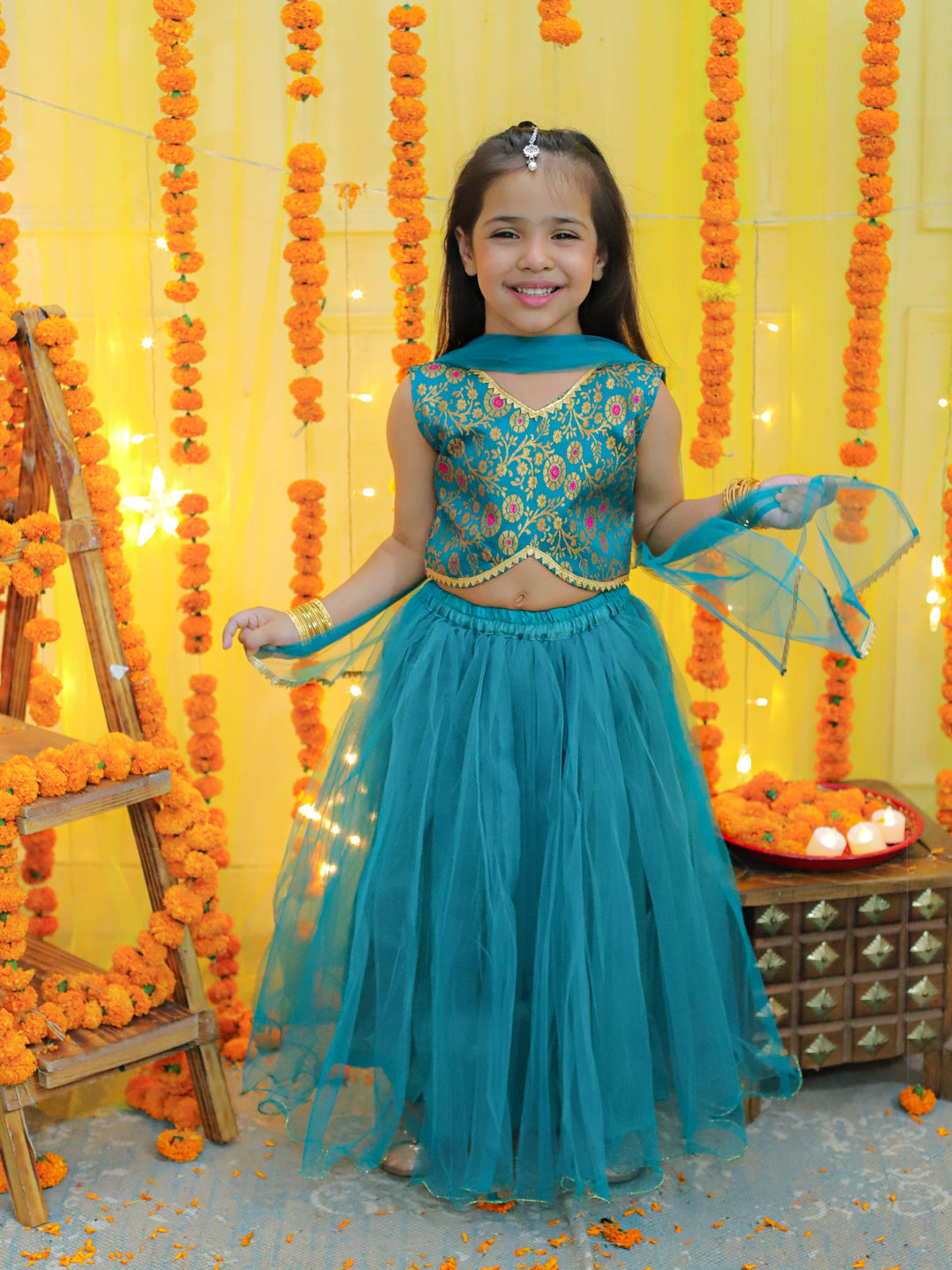 NOZ2TOZ Kids Girls Ethic Traditional Indian Festive Jacquard Choli with Net Lehenga with Dupatta - Green - Distacart