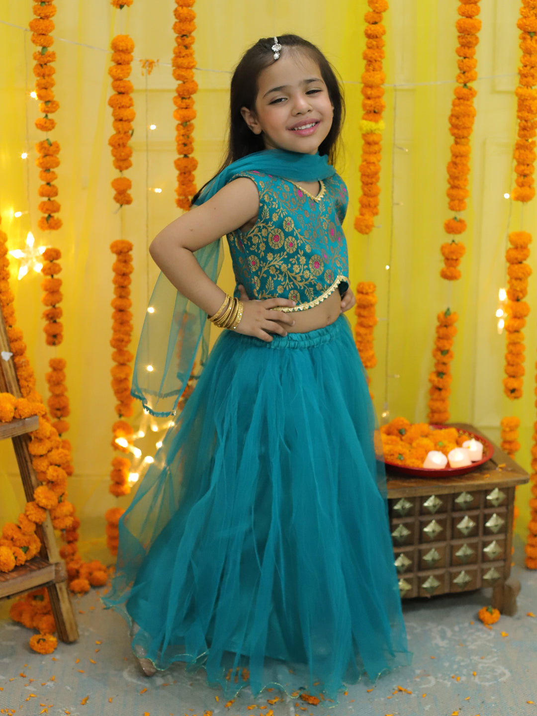 NOZ2TOZ Kids Girls Ethic Traditional Indian Festive Jacquard Choli with Net Lehenga with Dupatta - Green - Distacart