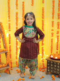 Thumbnail for NOZ2TOZ Kids Girls Ethic Traditional Indian Festive Chanderi Kurta with Printed Salwar and Dupatta - Maroon - Distacart