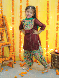 Thumbnail for NOZ2TOZ Kids Girls Ethic Traditional Indian Festive Chanderi Kurta with Printed Salwar and Dupatta - Maroon - Distacart