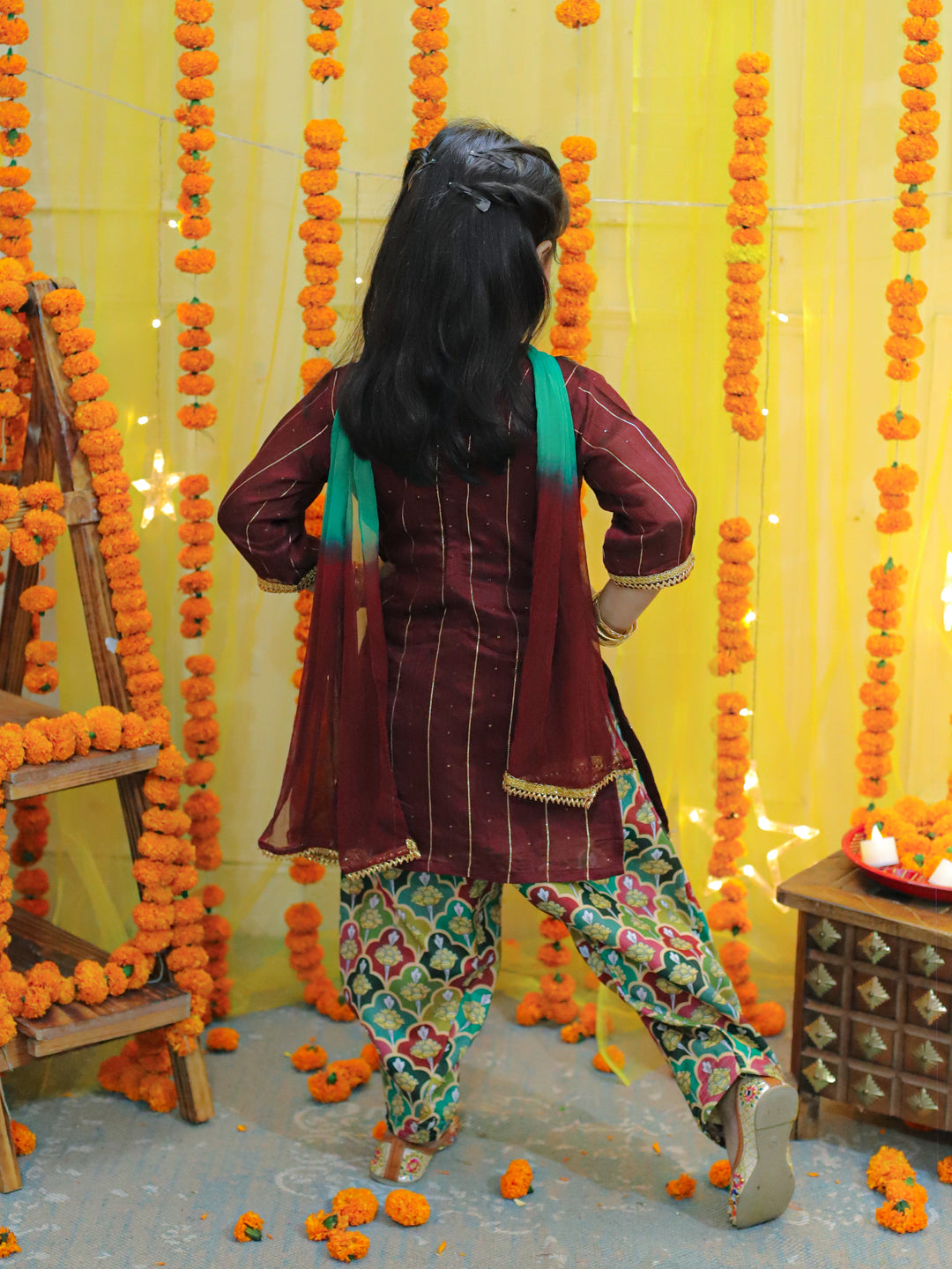 NOZ2TOZ Kids Girls Ethic Traditional Indian Festive Chanderi Kurta with Printed Salwar and Dupatta - Maroon - Distacart