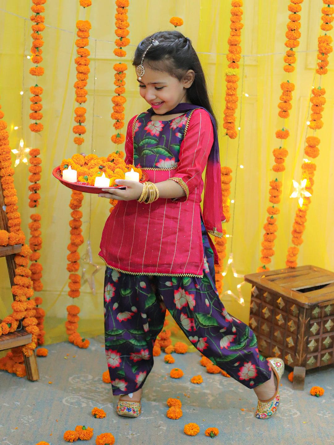 NOZ2TOZ Kids Girls Ethic Traditional Indian Festive Chanderi Kurta with Printed Salwar and Dupatta - Pink - Distacart