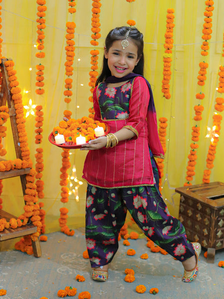 NOZ2TOZ Kids Girls Ethic Traditional Indian Festive Chanderi Kurta with Printed Salwar and Dupatta - Pink - Distacart