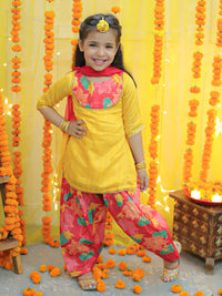 Thumbnail for NOZ2TOZ Kids Girls Ethic Traditional Indian Festive Chanderi Kurta with Printed Salwar and Dupatta - Yellow - Distacart
