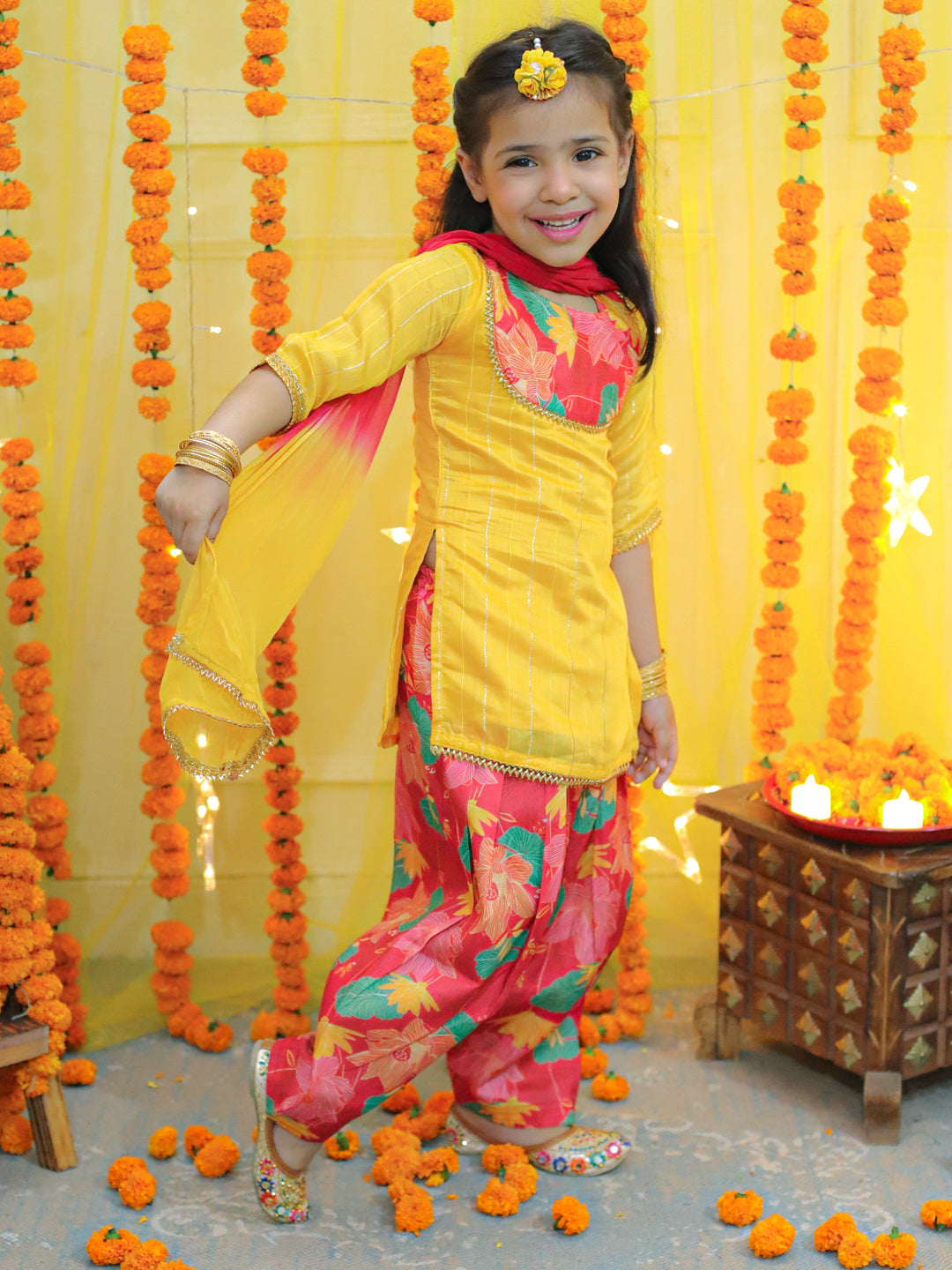 NOZ2TOZ Kids Girls Ethic Traditional Indian Festive Chanderi Kurta with Printed Salwar and Dupatta - Yellow - Distacart