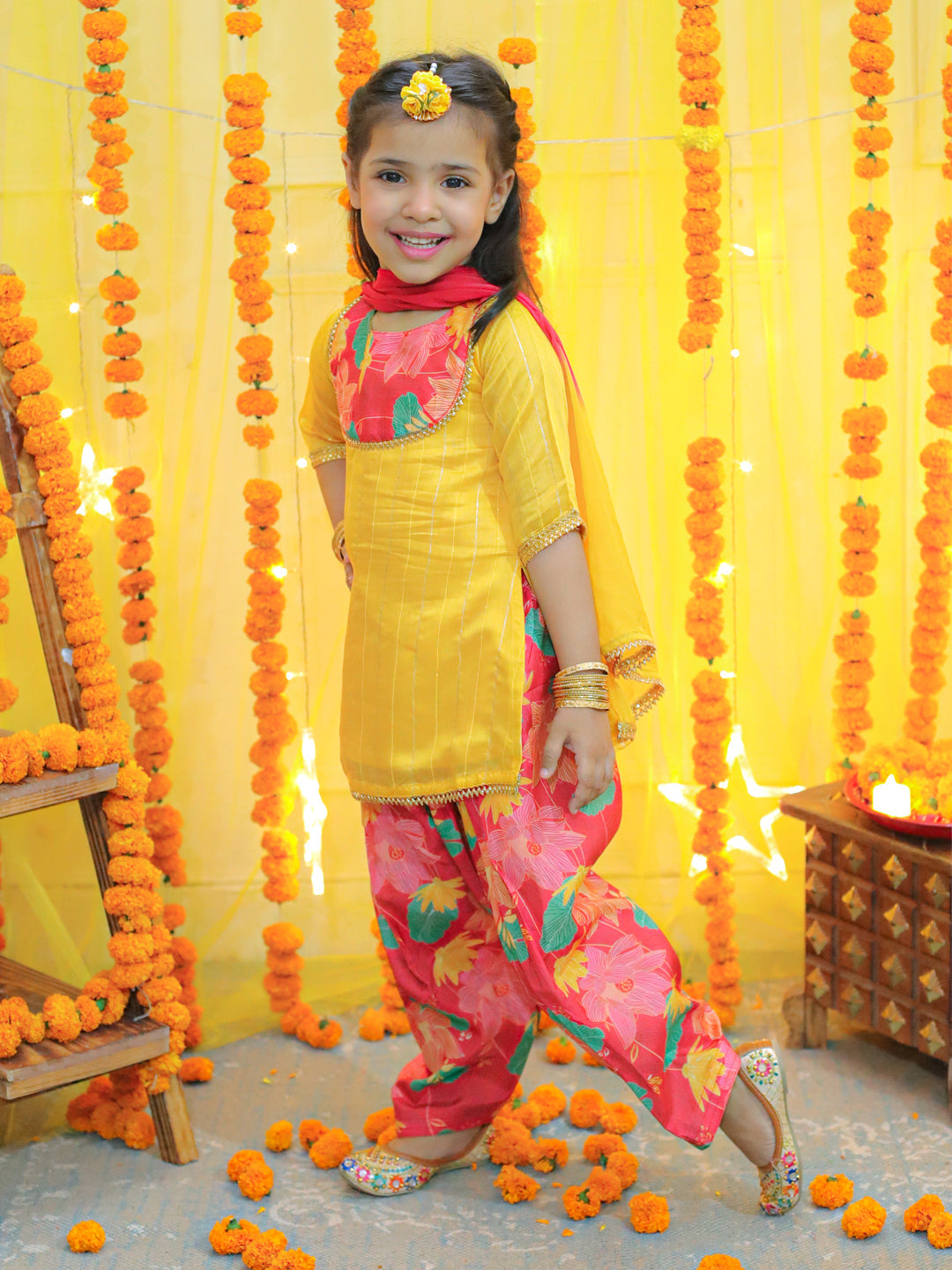 NOZ2TOZ Kids Girls Ethic Traditional Indian Festive Chanderi Kurta with Printed Salwar and Dupatta - Yellow - Distacart