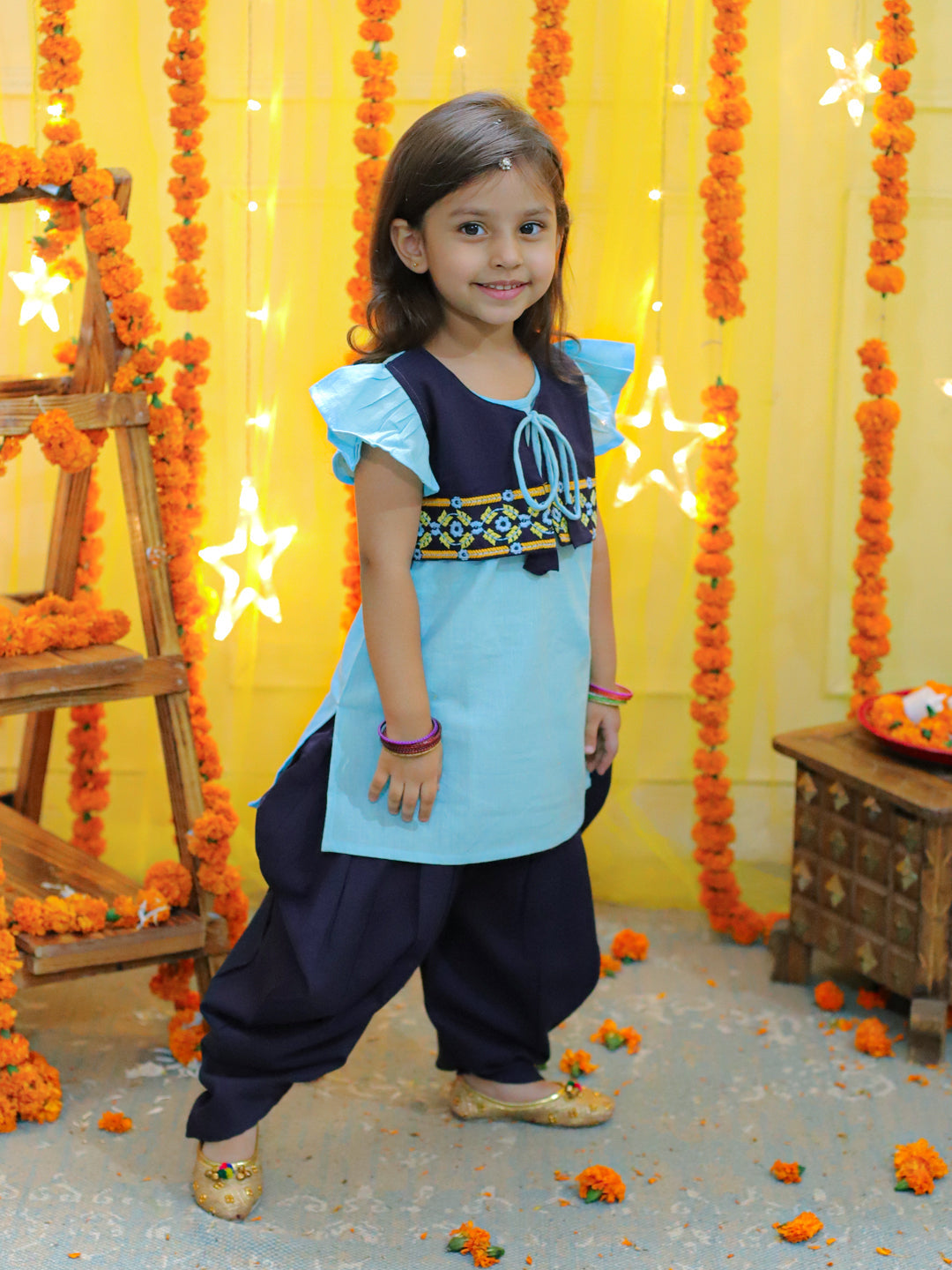 NOZ2TOZ Kids Embroidered Jacket With Cotton Kurti Dhoti for Girls - Blue - Distacart