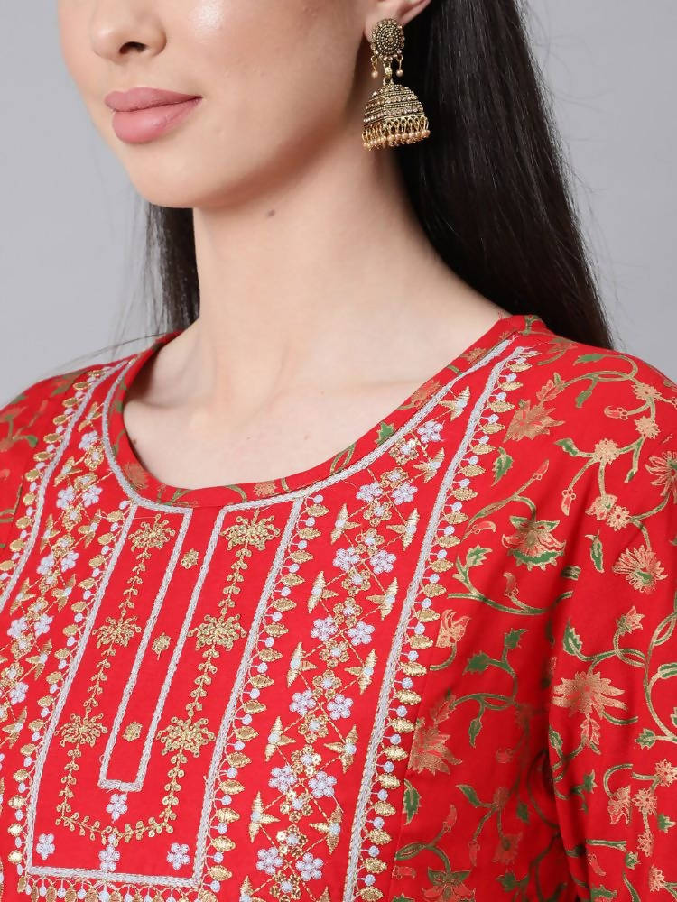 Anubhutee Red Ethnic Motifs Printed Empire Pure Cotton Kurta with Trousers & With Dupatta - Distacart