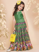 Thumbnail for Girls Green Zig Zag Flower Digital Printed Fit & Flared Maxi Dress. for Kids - Bhama - Distacart