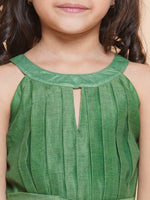 Thumbnail for Girls Green Zig Zag Flower Digital Printed Fit & Flared Maxi Dress. for Kids - Bhama - Distacart