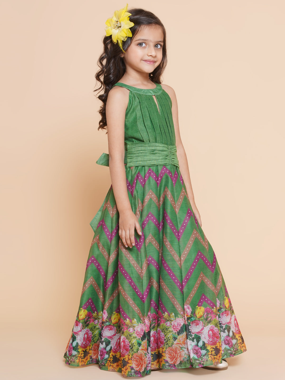 Girls Green Zig Zag Flower Digital Printed Fit & Flared Maxi Dress. for Kids - Bhama - Distacart