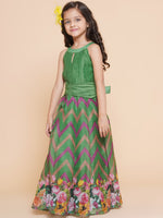 Thumbnail for Girls Green Zig Zag Flower Digital Printed Fit & Flared Maxi Dress. for Kids - Bhama - Distacart