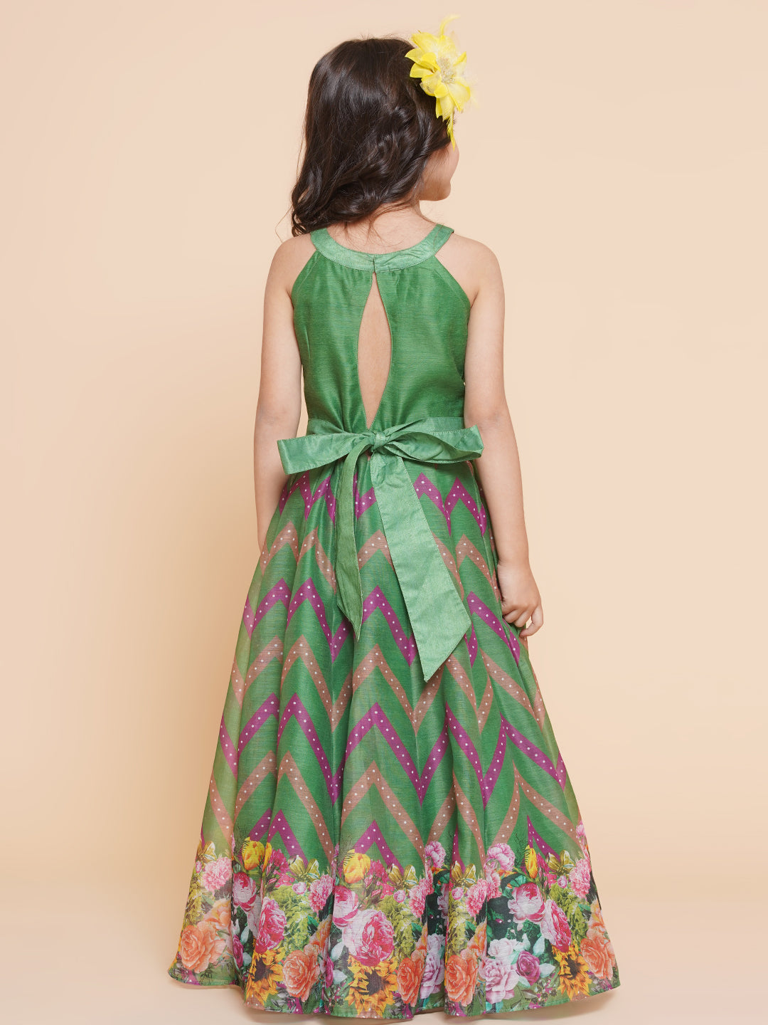 Girls Green Zig Zag Flower Digital Printed Fit & Flared Maxi Dress. for Kids - Bhama - Distacart