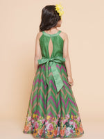 Thumbnail for Girls Green Zig Zag Flower Digital Printed Fit & Flared Maxi Dress. for Kids - Bhama - Distacart
