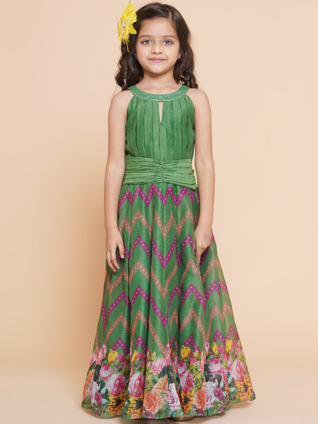 Girls Green Zig Zag Flower Digital Printed Fit & Flared Maxi Dress. for Kids - Bhama - Distacart