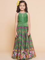 Thumbnail for Girls Green Zig Zag Flower Digital Printed Fit & Flared Maxi Dress. for Kids - Bhama - Distacart