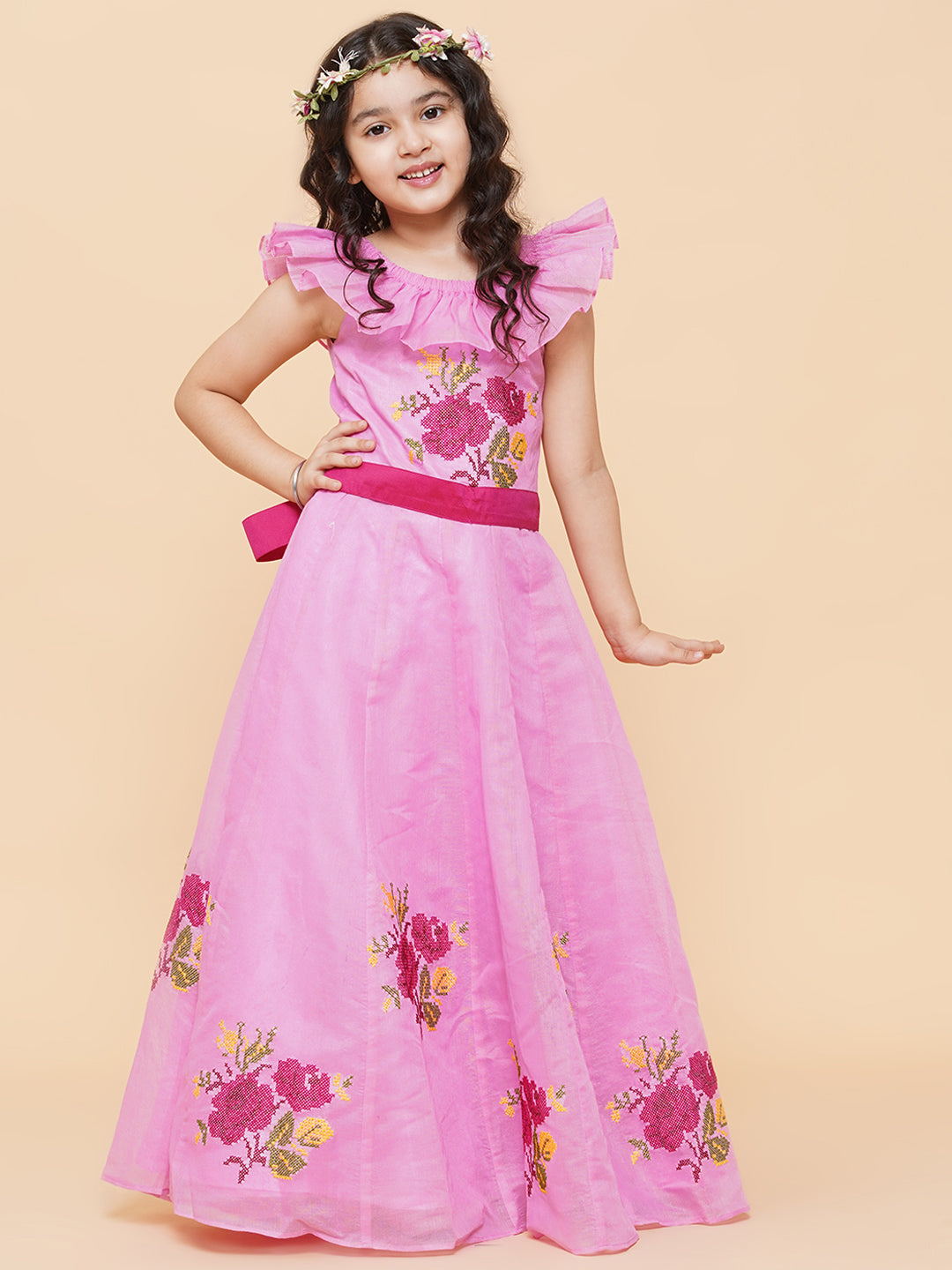 Girls Pink Floral Embroidered Fit & Flared Dress for Kids - Bhama - Distacart