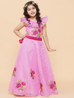 Thumbnail for Girls Pink Floral Embroidered Fit & Flared Dress for Kids - Bhama - Distacart