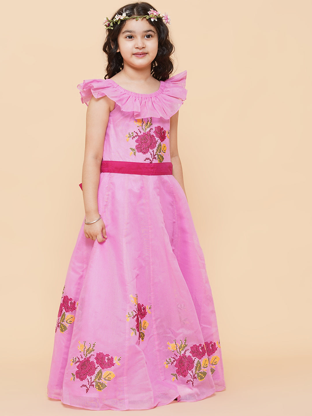 Girls Pink Floral Embroidered Fit & Flared Dress for Kids - Bhama - Distacart