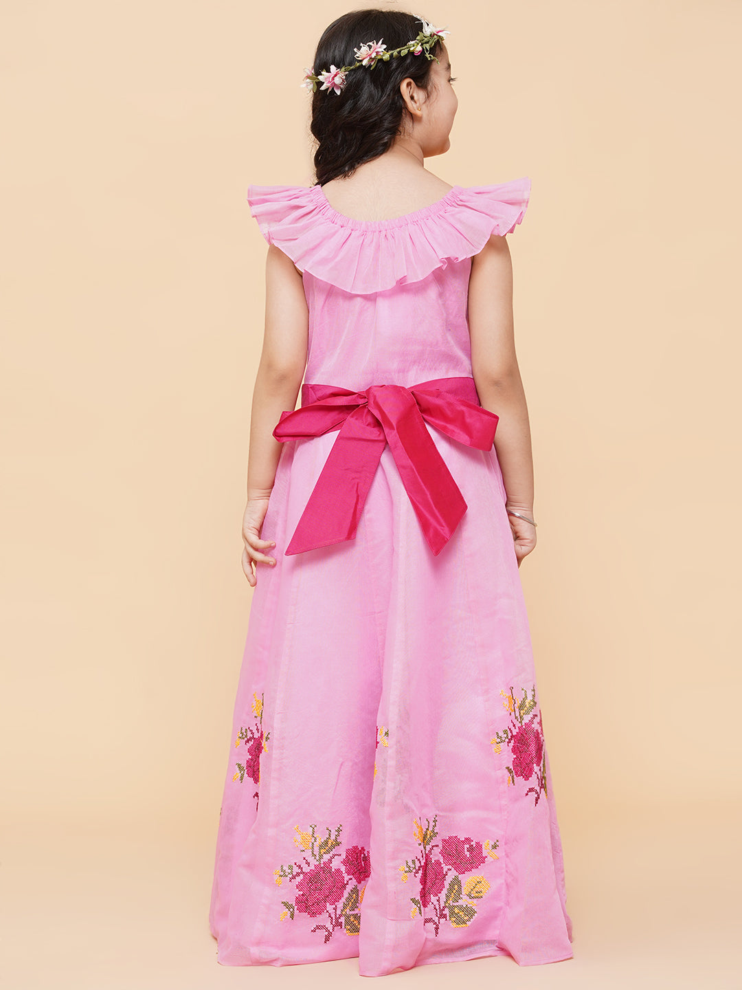 Girls Pink Floral Embroidered Fit & Flared Dress for Kids - Bhama - Distacart