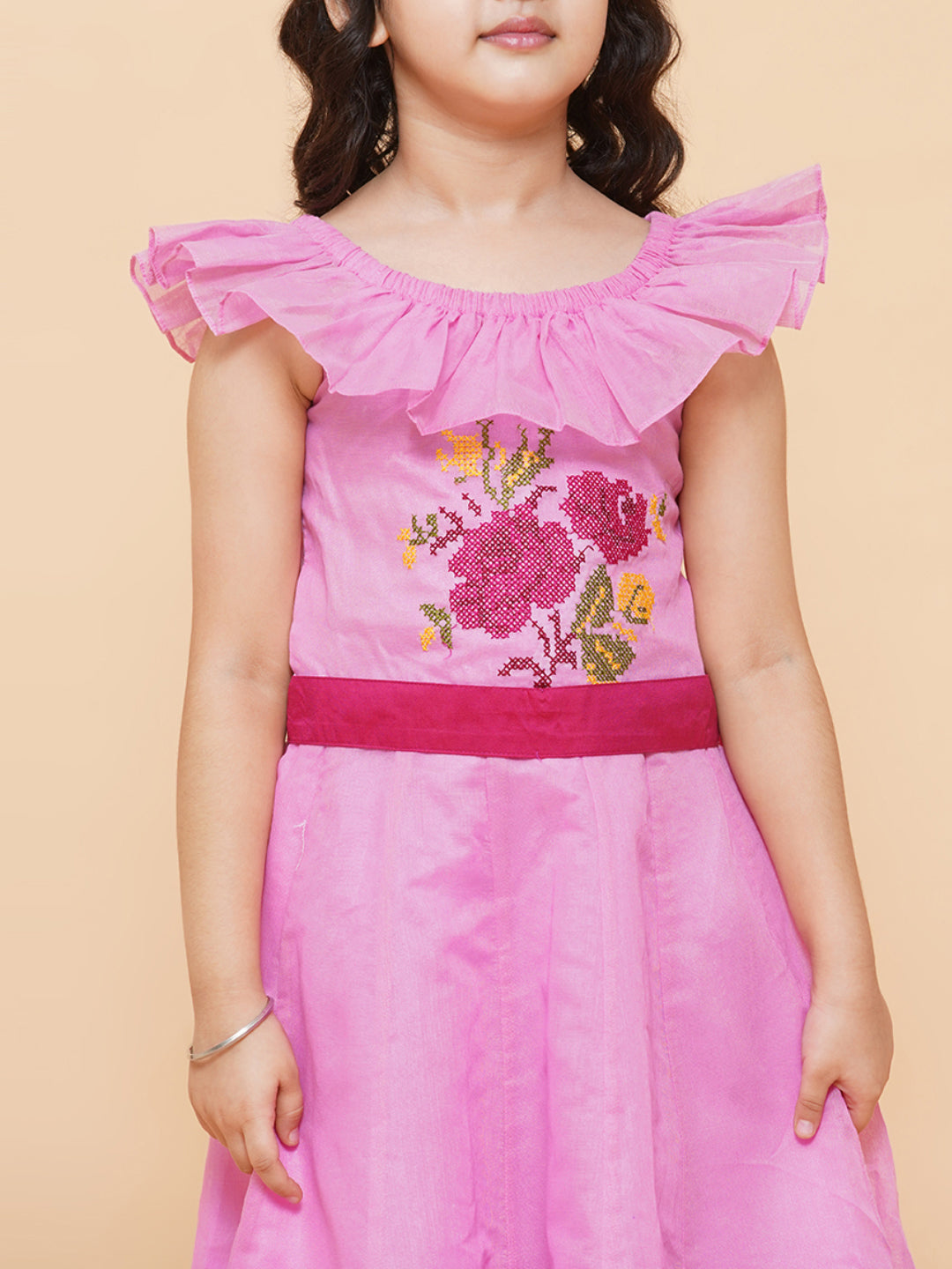 Girls Pink Floral Embroidered Fit & Flared Dress for Kids - Bhama - Distacart