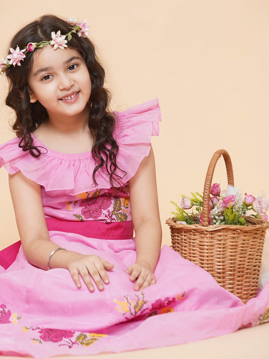 Girls Pink Floral Embroidered Fit & Flared Dress for Kids - Bhama - Distacart
