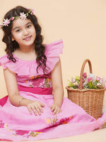 Thumbnail for Girls Pink Floral Embroidered Fit & Flared Dress for Kids - Bhama - Distacart