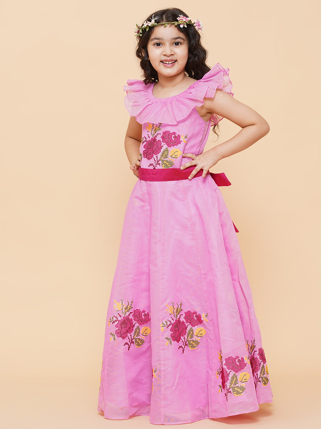 Girls Pink Floral Embroidered Fit & Flared Dress for Kids - Bhama - Distacart