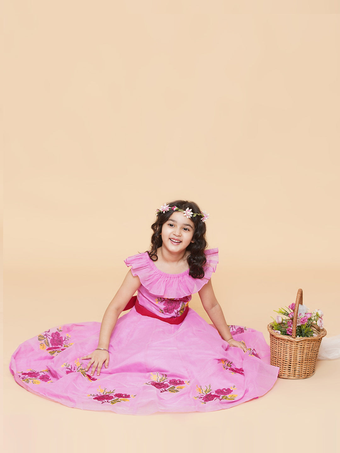 Girls Pink Floral Embroidered Fit & Flared Dress for Kids - Bhama - Distacart
