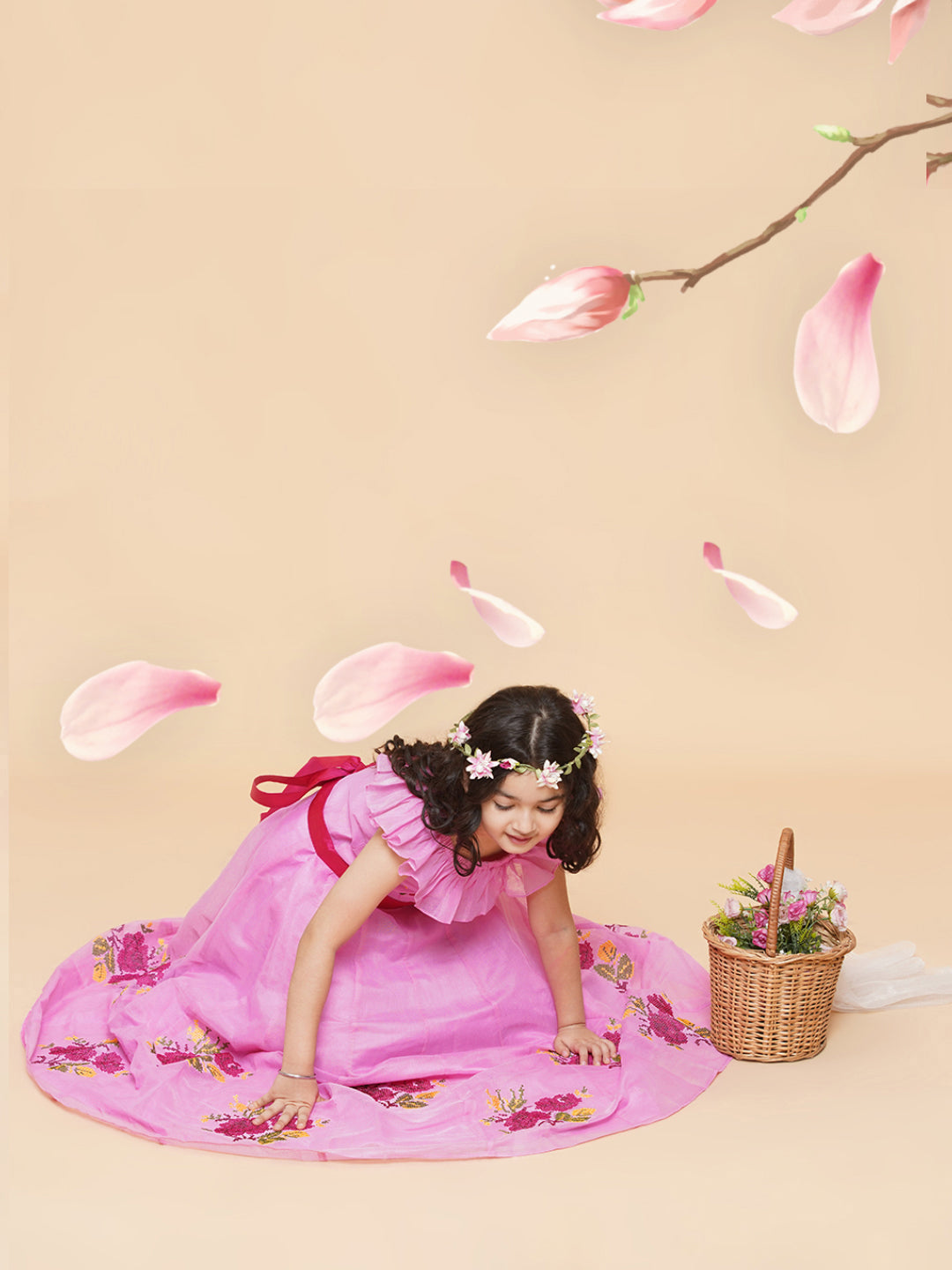 Girls Pink Floral Embroidered Fit & Flared Dress for Kids - Bhama - Distacart