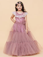 Thumbnail for Girls Pink & White Floral Embroidered Net Mexi Dress for Kids - Bhama - Distacart