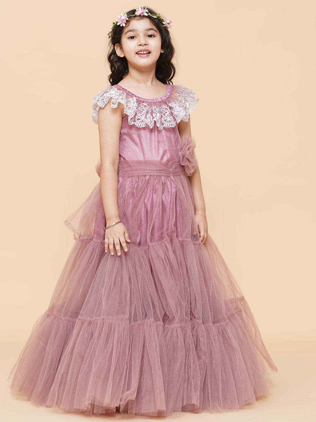 Girls Pink & White Floral Embroidered Net Mexi Dress for Kids - Bhama - Distacart